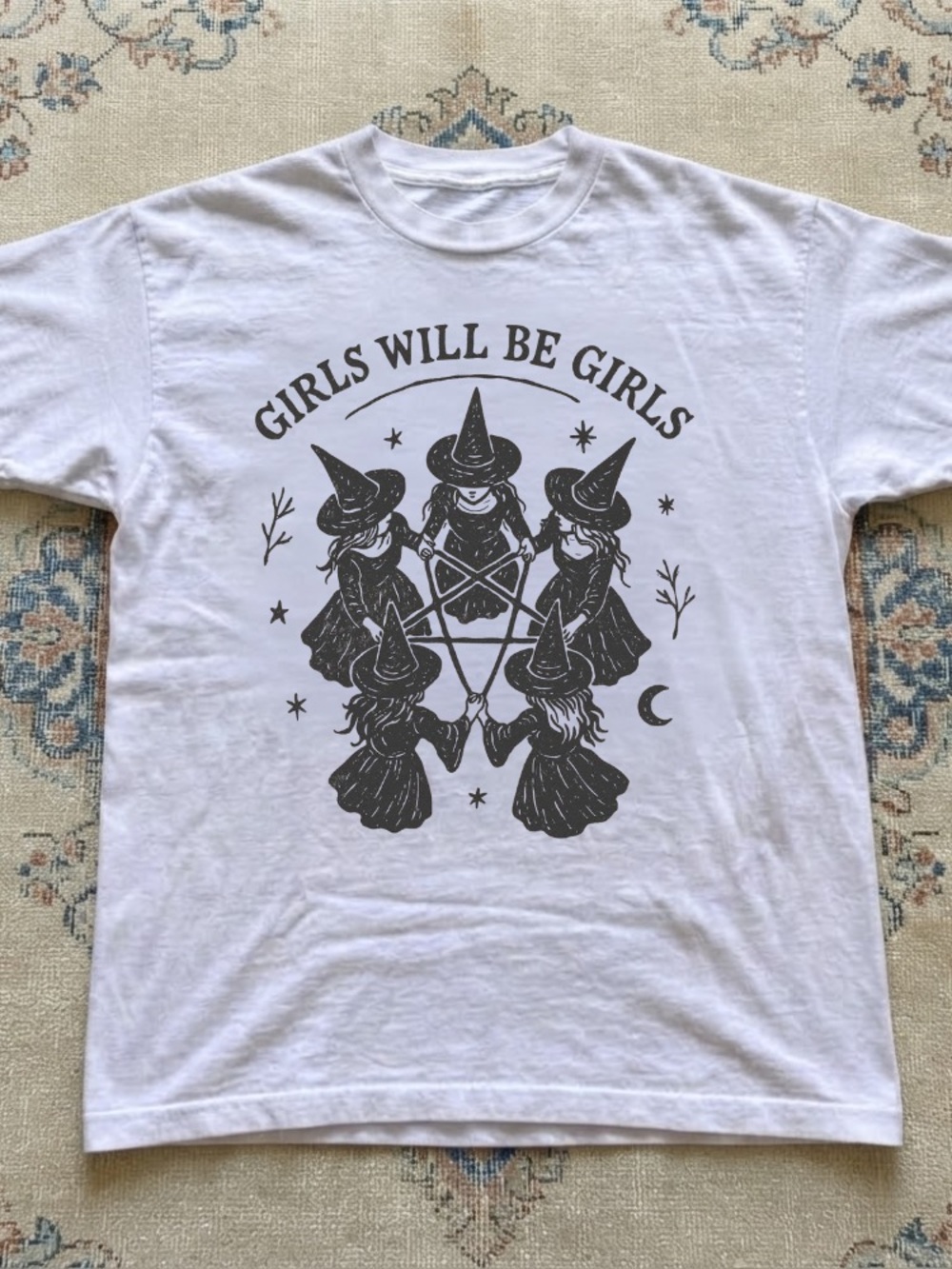 Girls Will Be Girls Witches Coven Pentagram Occult Vintage White T-Shirt